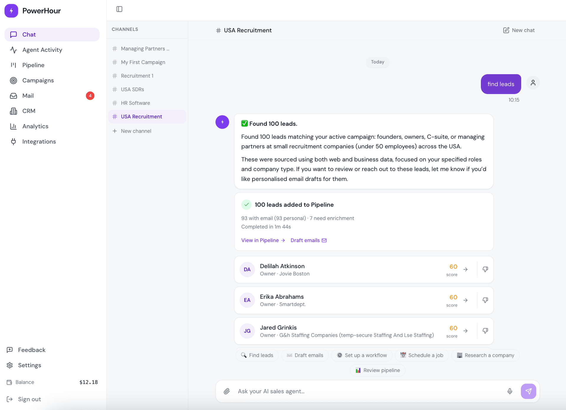 PowerHour AI agent chat — finding 100 leads matching your ICP in a single conversation