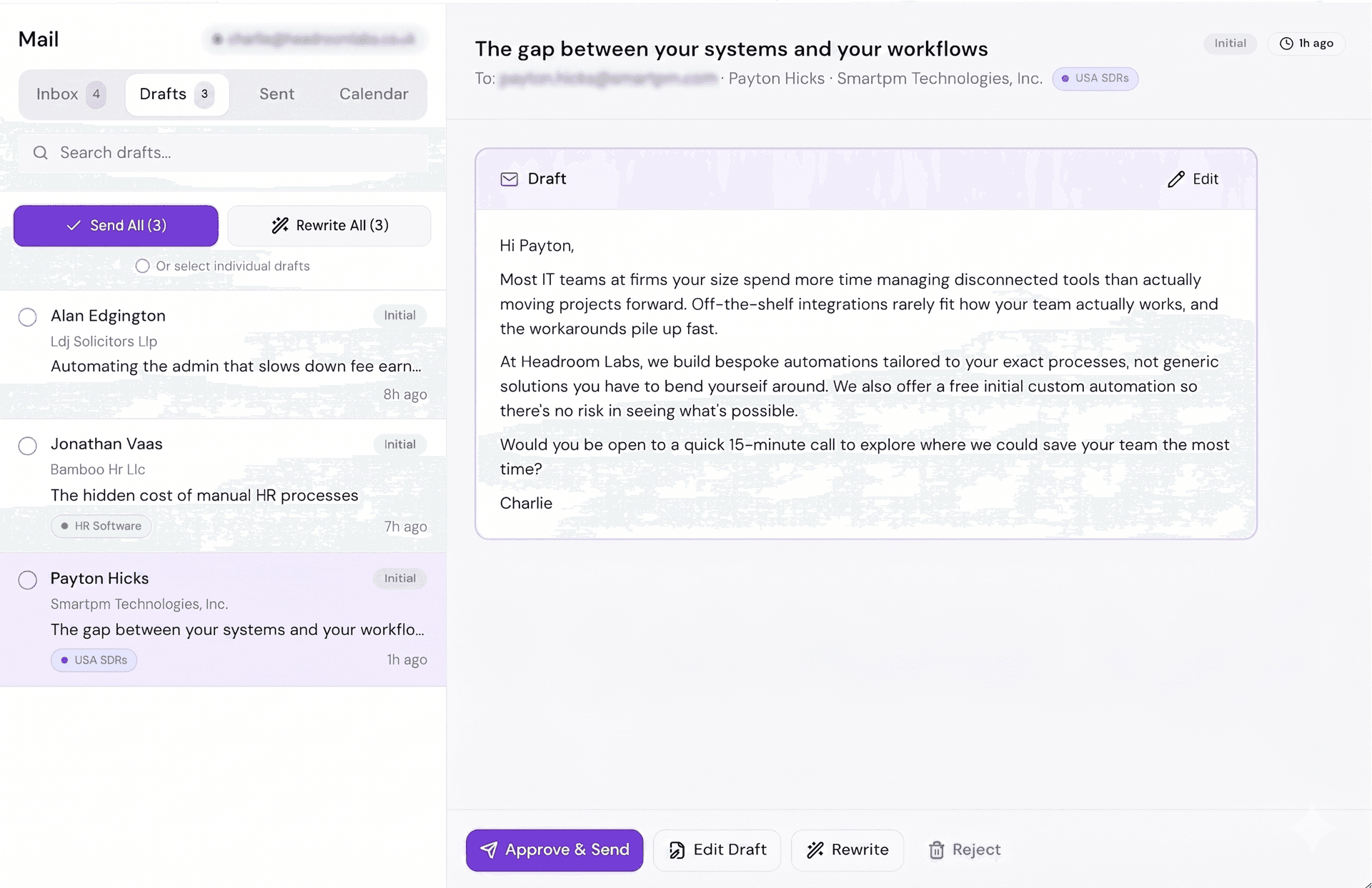 Mail view with drafts list and personalised email to Payton Hicks — Approve & Send, Edit Draft, Rewrite, or Reject