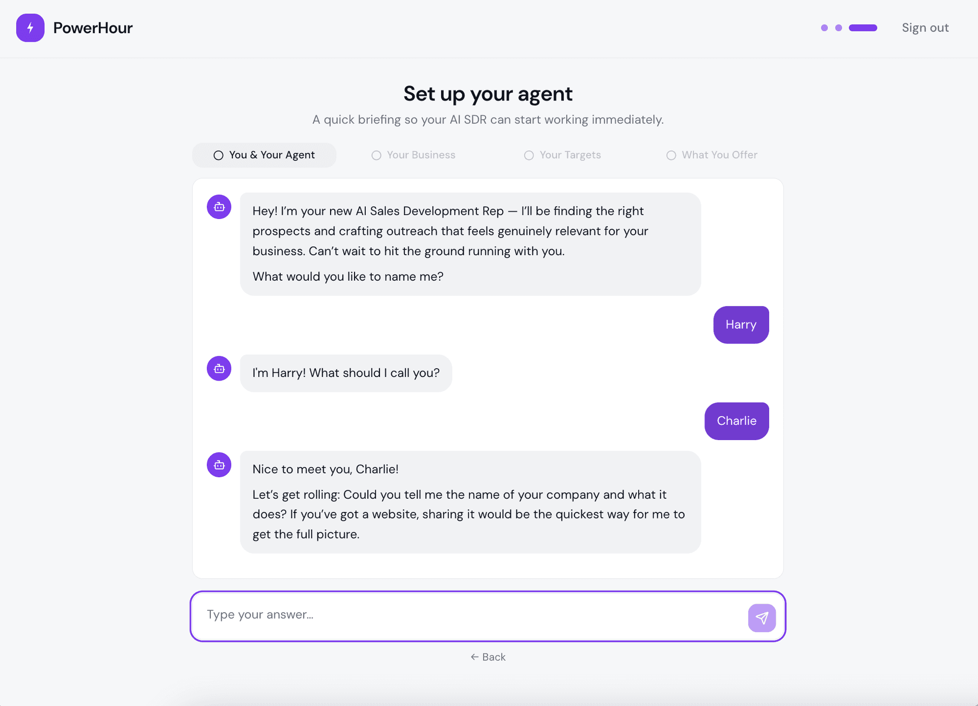 Onboarding chat where your AI SDR learns your name, company, targets, and voice through a guided conversation