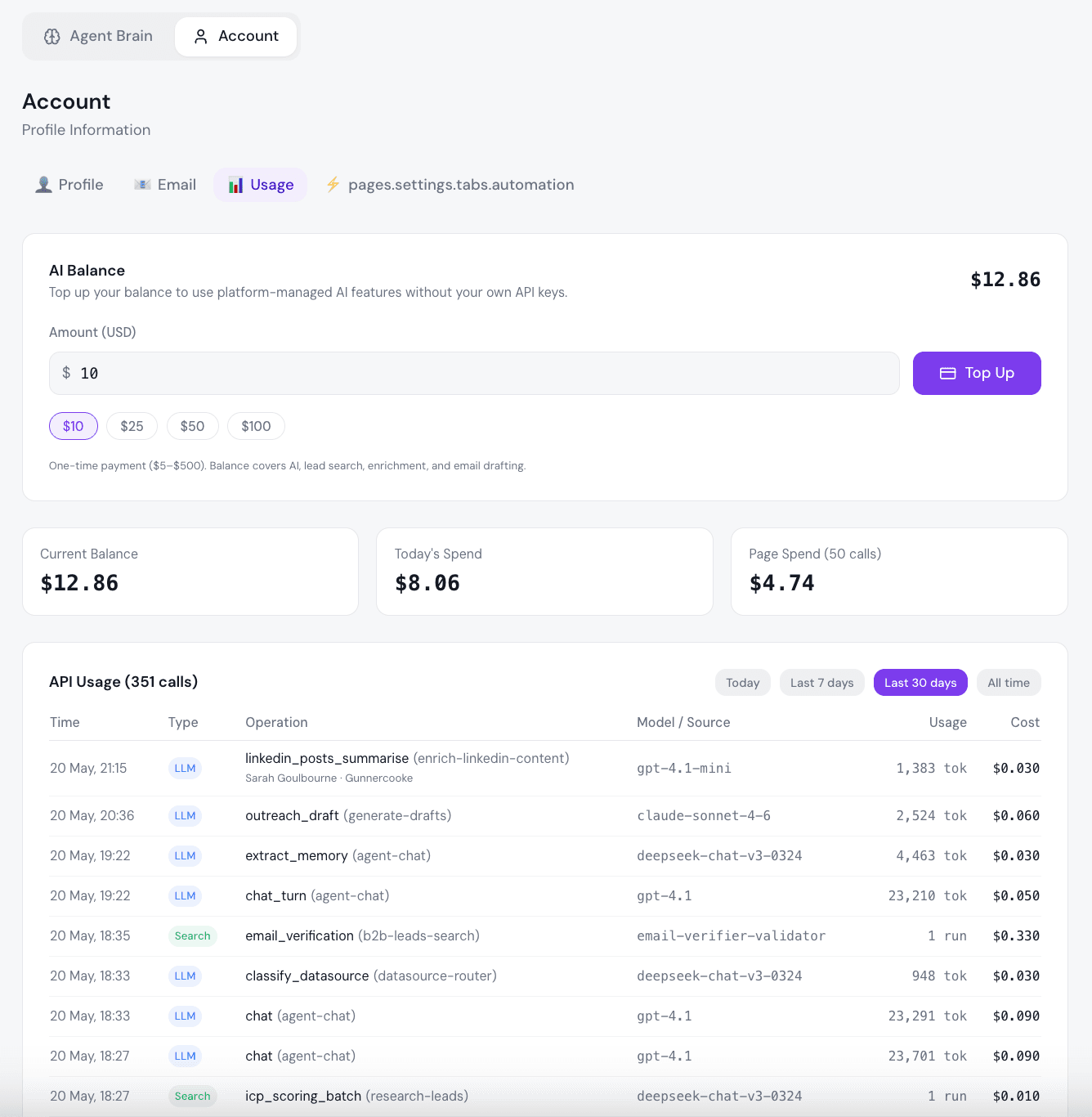 Account page showing $19.75 balance, top-up options, and detailed per-call API usage log